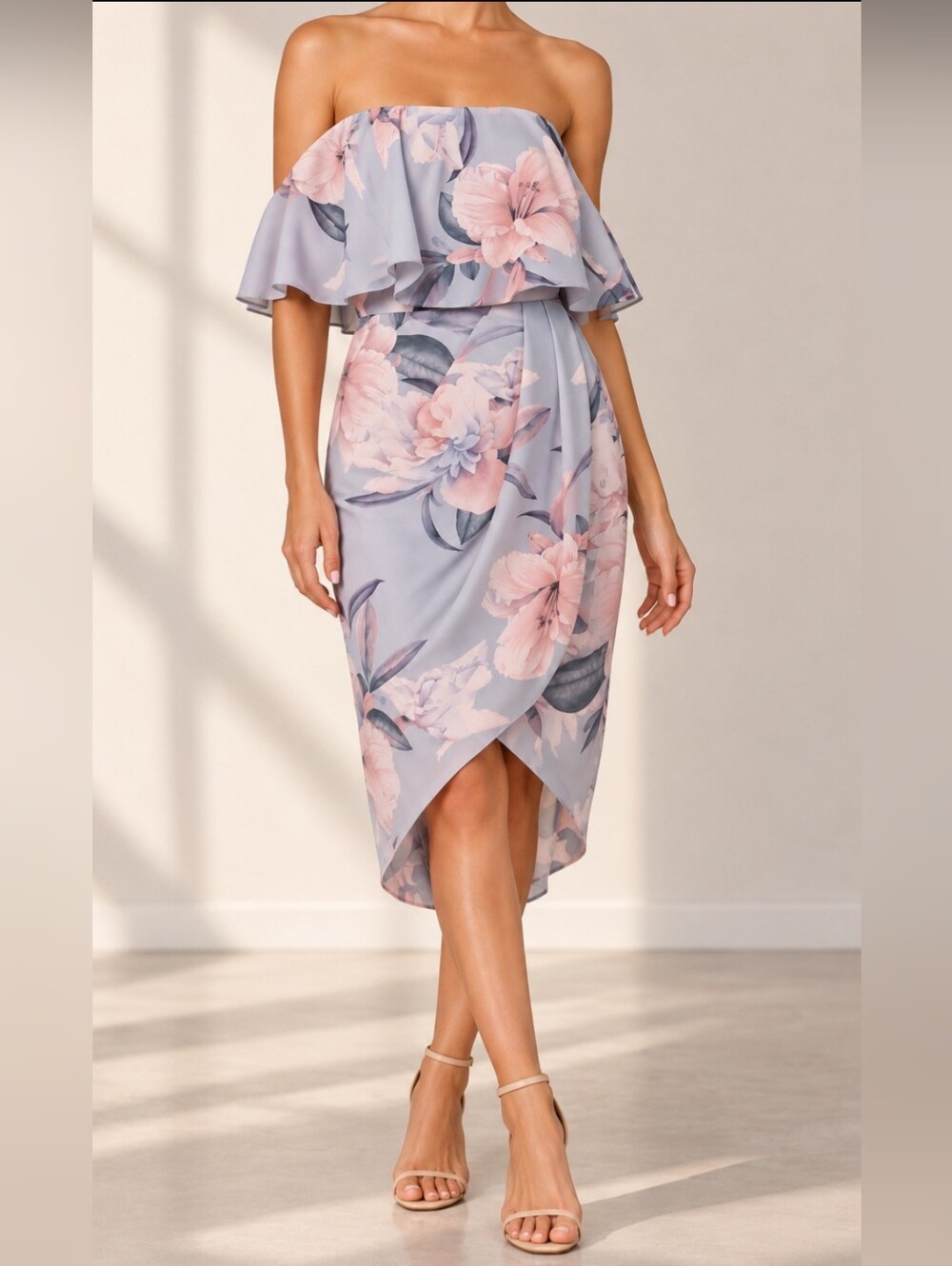Floral Strapless Ruffle Midi Dress in Light Blue and Pink